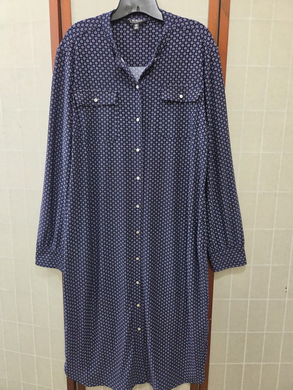 LAUREN R.L Navy Blue Geometric Floral Shirt Dress XXL Cottagecore Preppy Midi